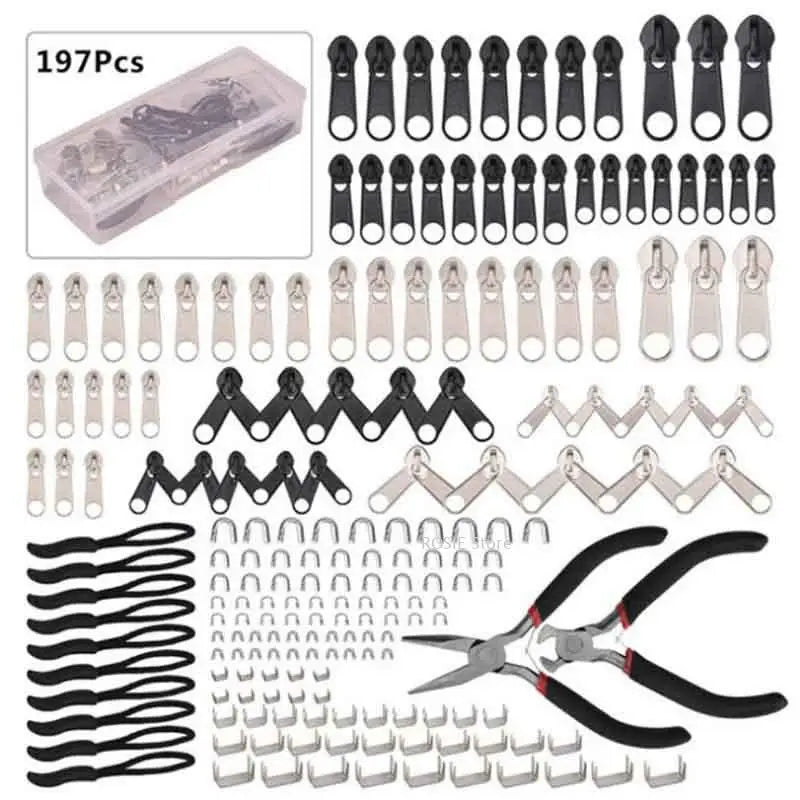 A collection of zipper repair components including sliders, hooks, and other parts for universal zipper repair kits.