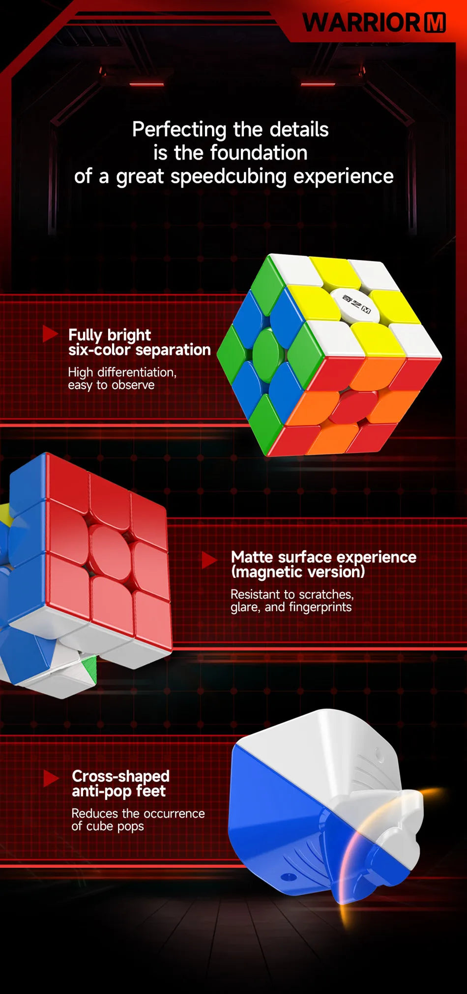 A close-up of a multi-colored magnetic speed cube demonstrating bright separation and anti-pop features.