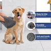 A golden retriever sits next to a pet bath towel featuring dual hand pockets, highlighting its easy use, durability, and soft