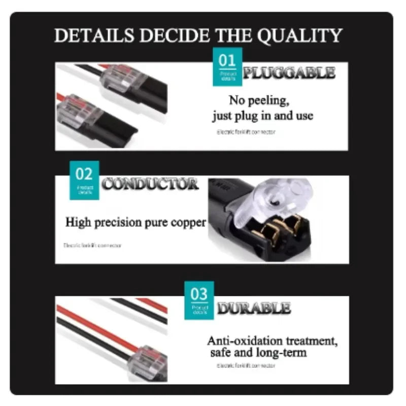 Diagram showing three details of a 2-pin locking wire connector: pluggable, conductor, and durable features.