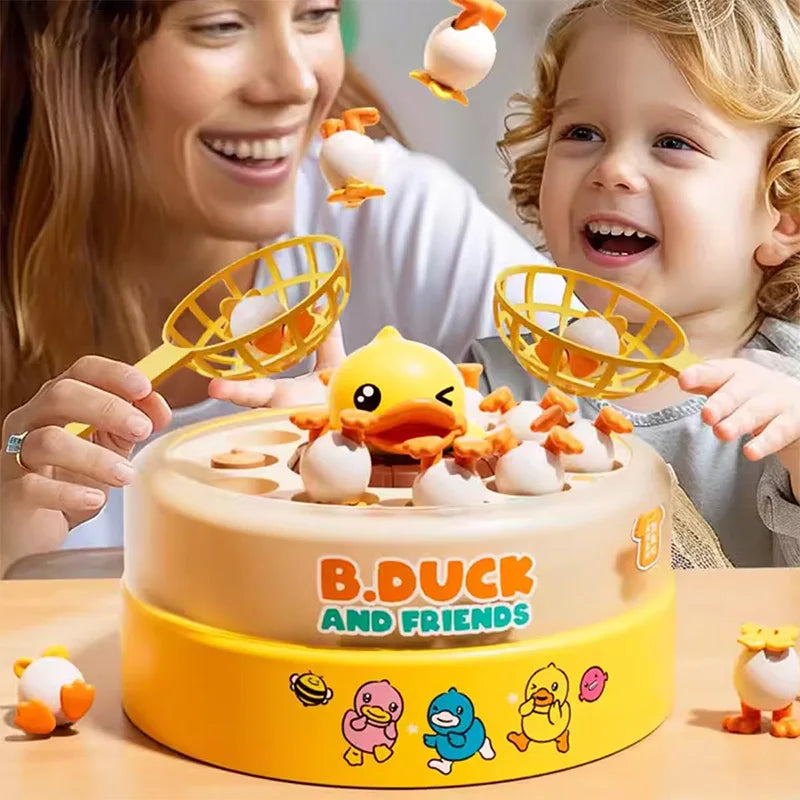 A child is interacting with a cake decorated as a duck and friends game set.