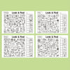 A set of four activity sheets for children featuring Look & Find puzzles in orange, gray, green, and yellow colors.