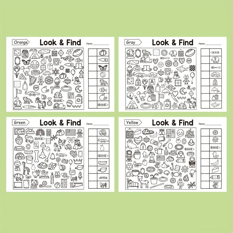 A set of four activity sheets for children featuring Look & Find puzzles in orange, gray, green, and yellow colors.