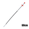 A long, thin drain auger with a red claw grabber tip is shown against a white background.