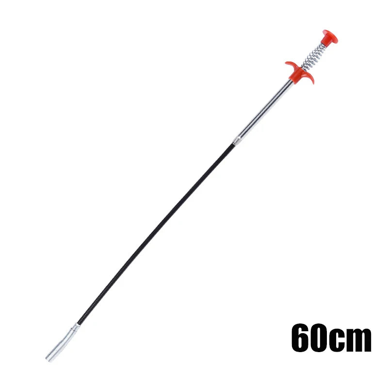 A long, thin drain auger with a red claw grabber tip is shown against a white background.
