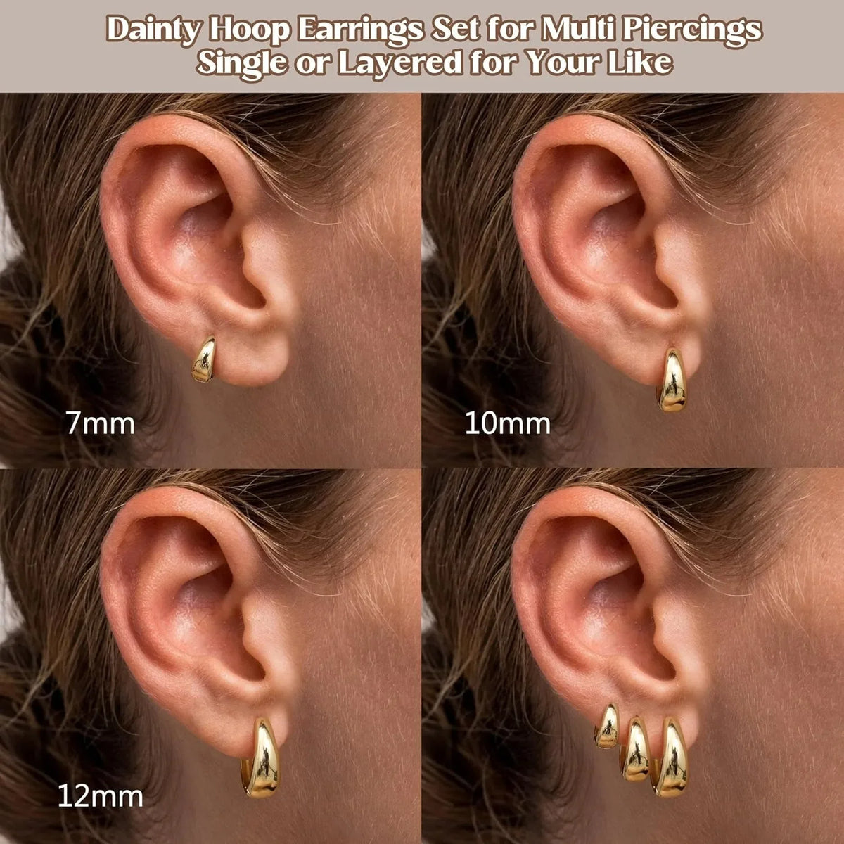 Un jeu de boucles d'oreilles en anneau délicates dorées, tailles 7mm, 10mm et 12mm, montrées sur une oreille.
