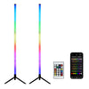 Two tall RGB LED corner floor lamps with sound activation features shown side by side.