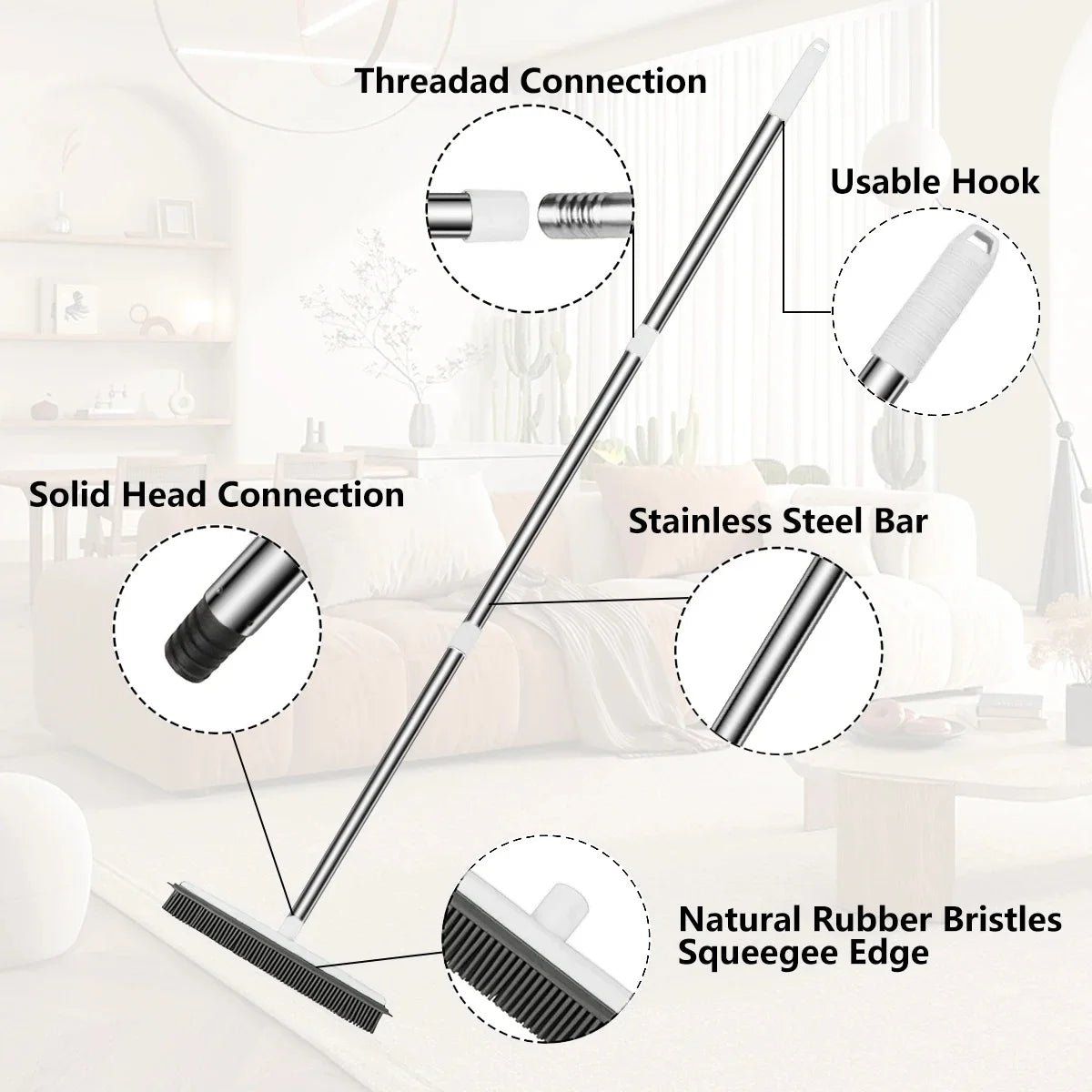 A rubber broom and carpet rake with an adjustable handle showing various connection points and bristles.