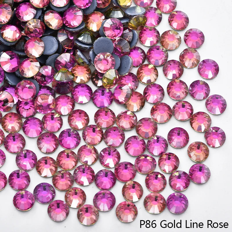 P86 Gold Line Rose rhinestones in various shades of pink and gold glitter