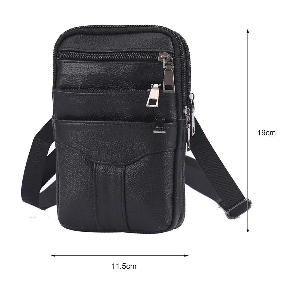 Black vintage genuine cowhide leather crossbody sling bag with adjustable strap and zipper.