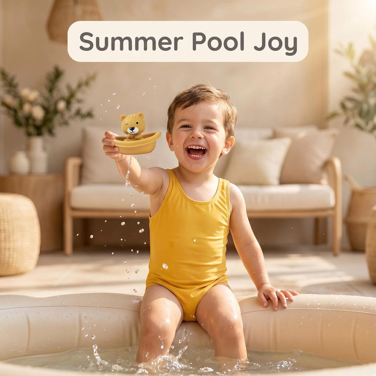 A smiling toddler plays with a yellow silicone bath toy in a bathtub filled with water.