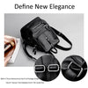 Black faux leather women's backpack with multiple compartments shown next to a close-up of the texture.