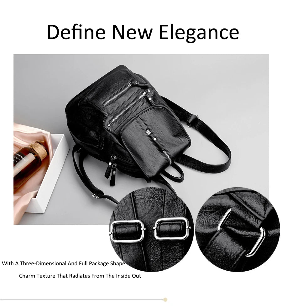 Black faux leather women's backpack with multiple compartments shown next to a close-up of the texture.