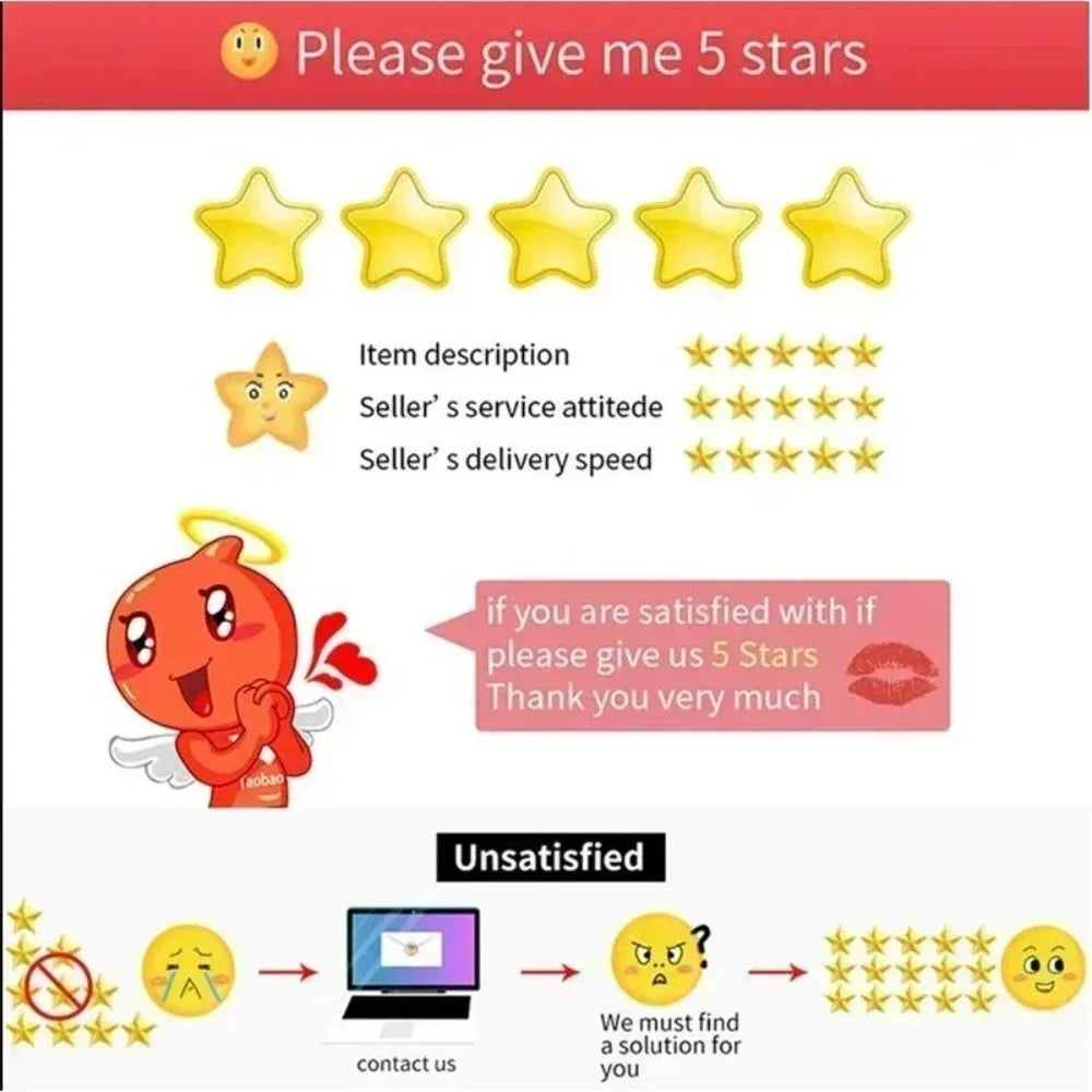 A graphic asking for 5 stars on a product review, showing dissatisfied customer feedback and a call to action.