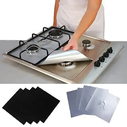 A pack of four reusable square gas hob protector liners in black and silver colors.