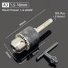 A drill chuck kit showing a multi-adapter with 1.5-10mm shank, SDS plus, and a 1/2-20 UNF mount thread.