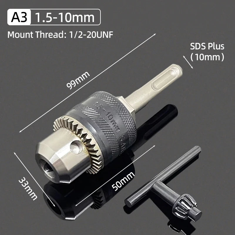 A drill chuck kit showing a multi-adapter with 1.5-10mm shank, SDS plus, and a 1/2-20 UNF mount thread.