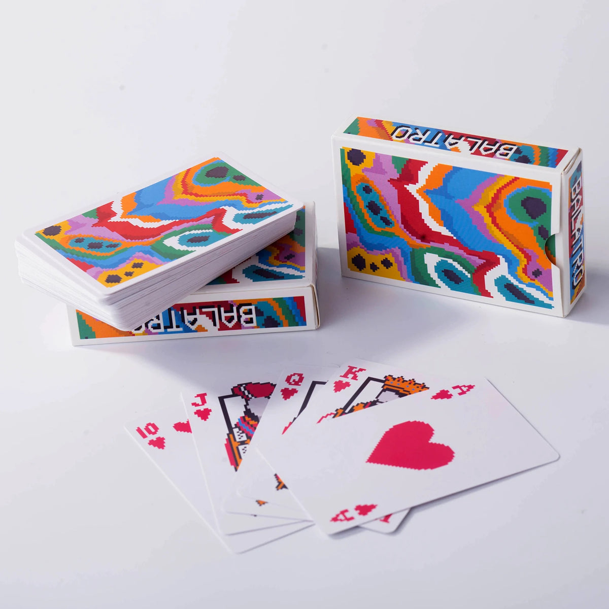 A set of colorful poker cards featuring a bold geometric pattern and the Balatro design.