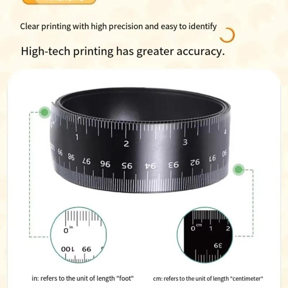 A black magnetic flexible measuring ruler showing both inch and centimeter scales.