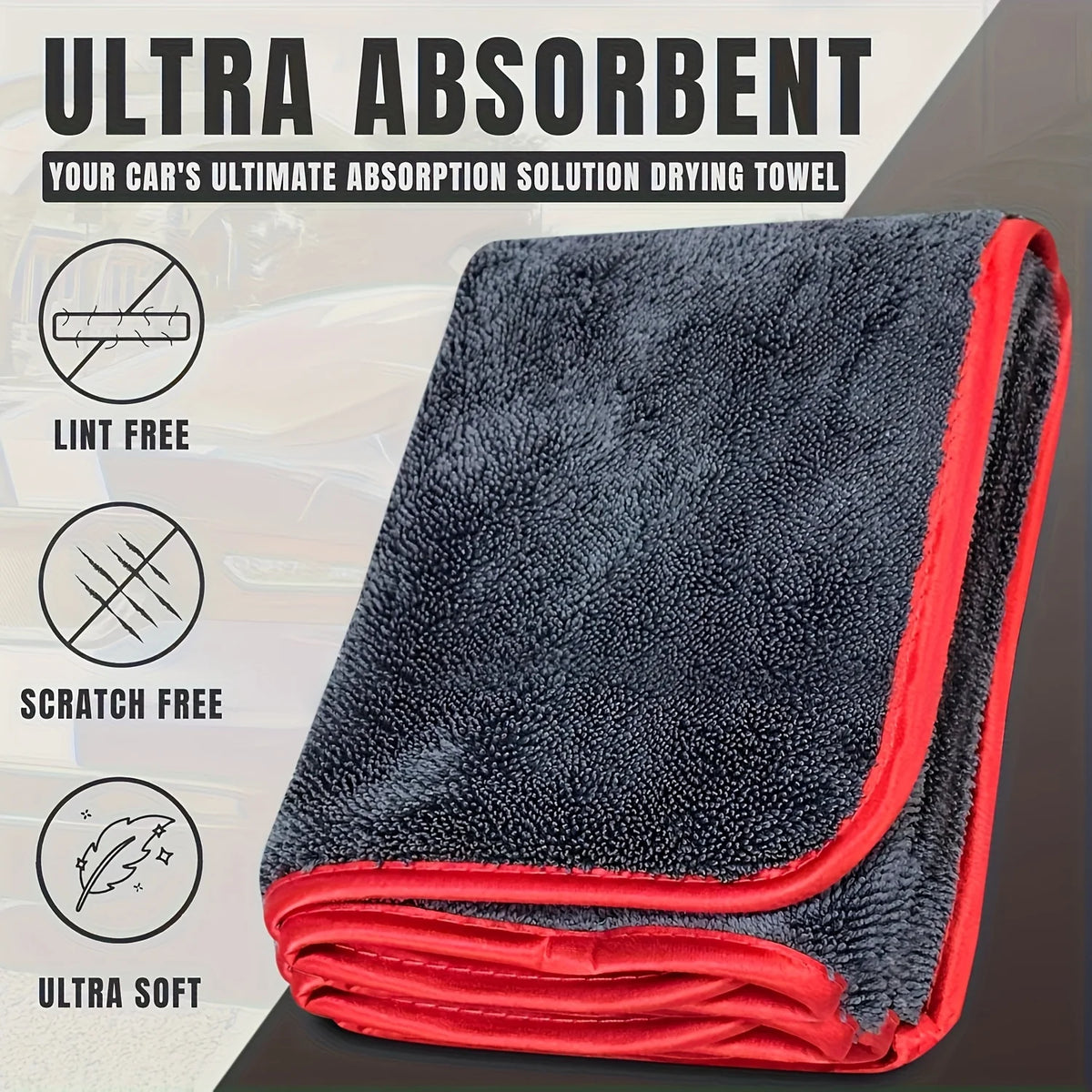 A dark gray microfiber drying towel with red trim is shown rolled up, emphasizing its ultra-absorbent and scratch-free qualit