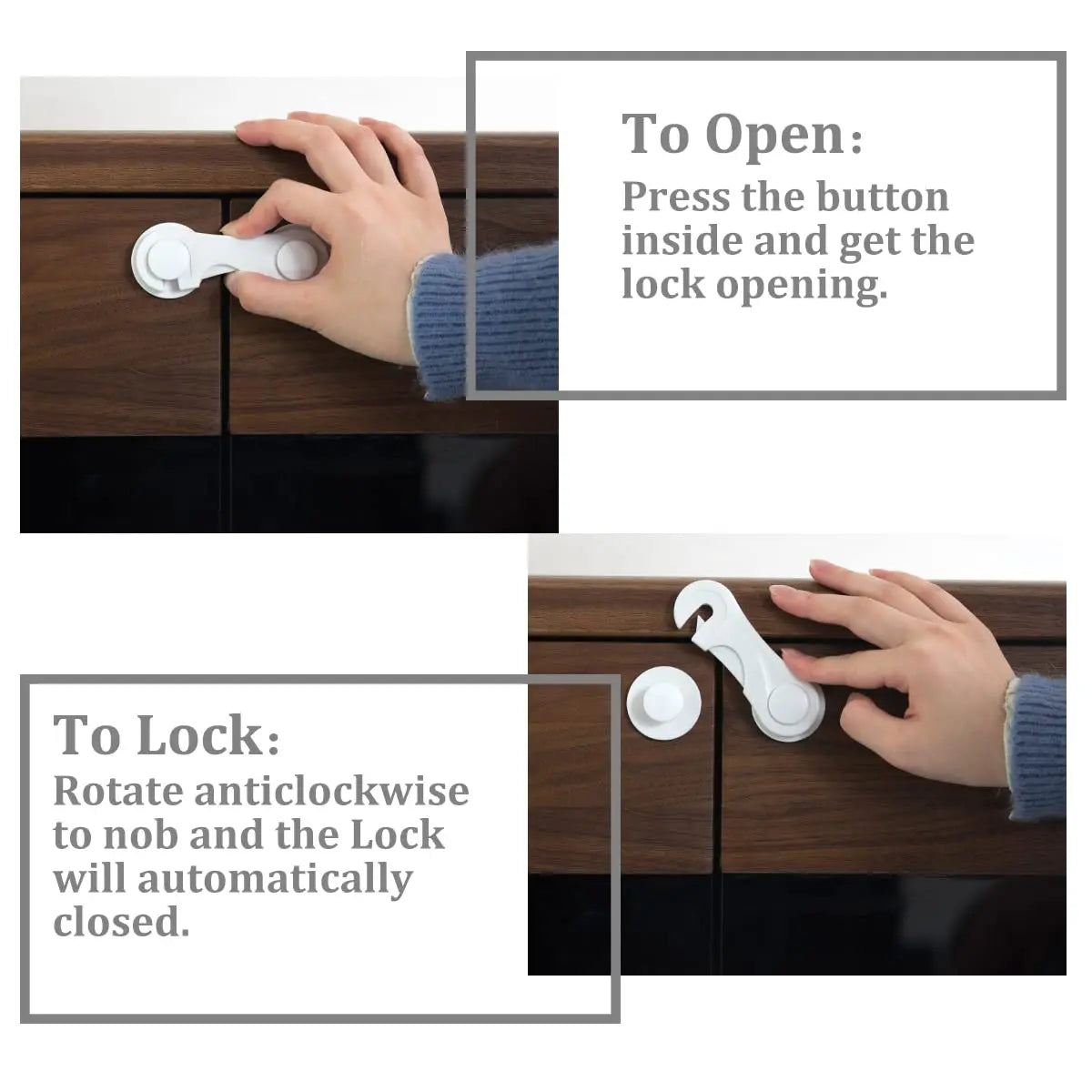 Demonstration of adhesive baby proof cabinet locks showing how to open and lock a drawer.
