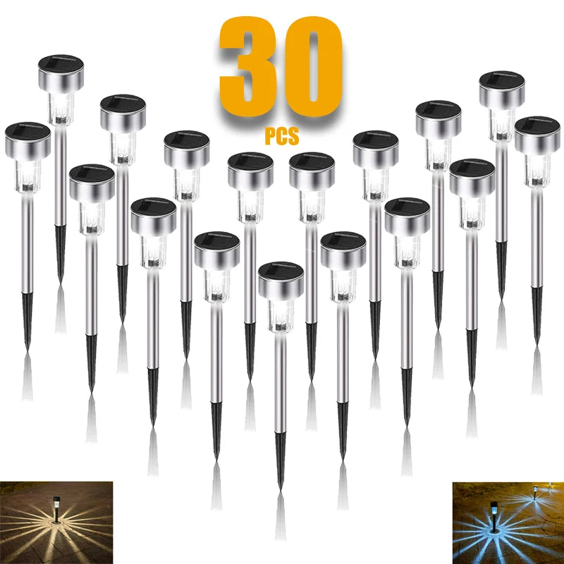 Thirty solar-powered garden path lights in a set of ten showing various light types and installation examples.
