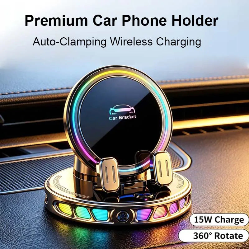 A premium car phone holder with an RGB ambient light and auto-clamping feature shown on a car dashboard.