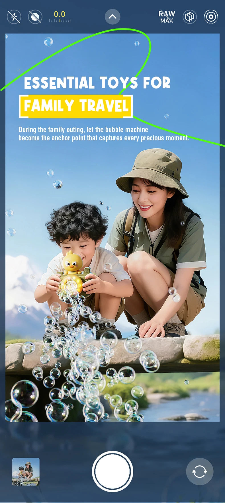A smiling woman holds a baby while a child interacts with a camera-shaped automatic bubble machine outdoors.