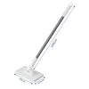 A long, silver flat mop with a white handle and a flat base for cleaning floors.