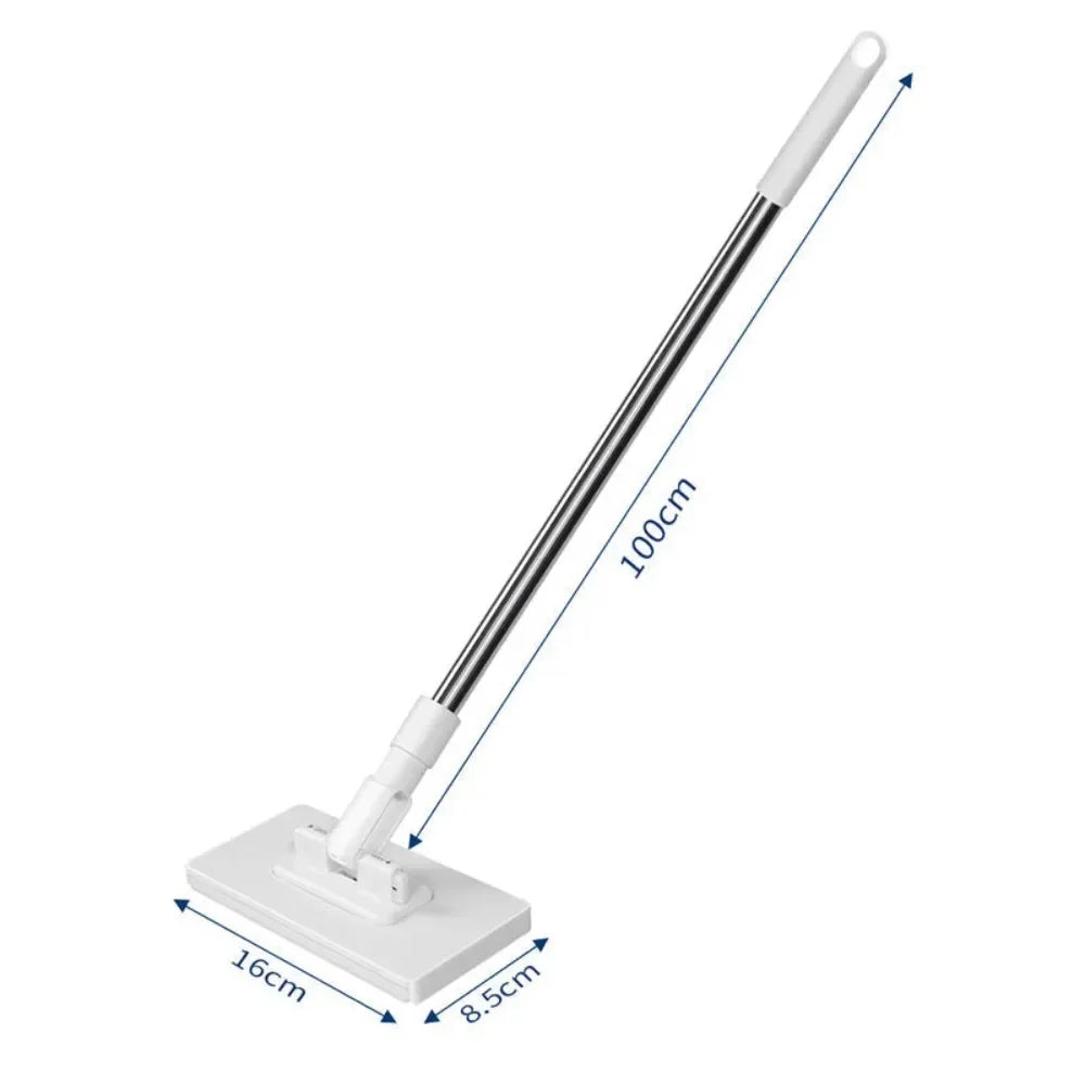 A long, silver flat mop with a white handle and a flat base for cleaning floors.
