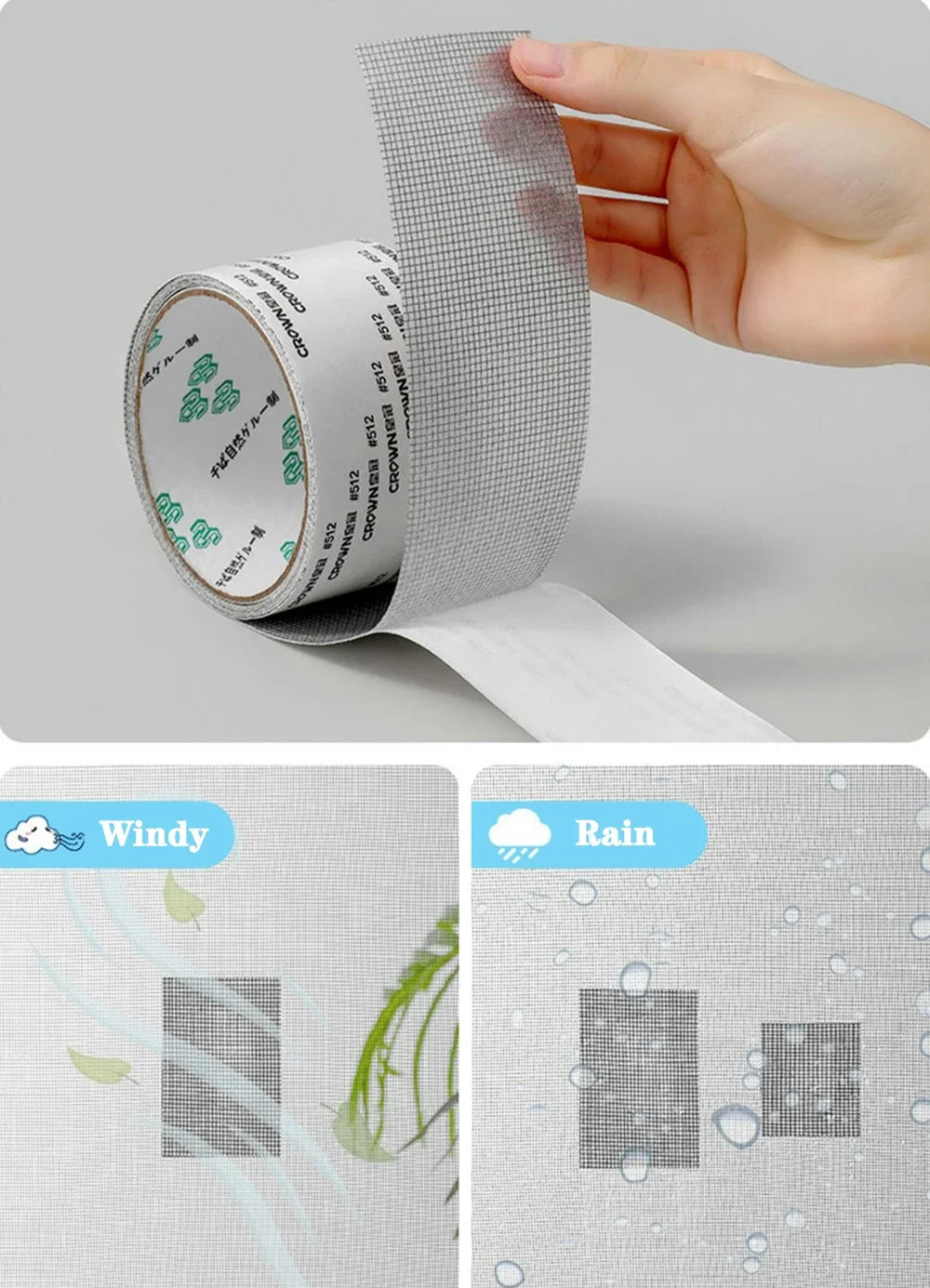 Rollband zur Reparatur eines Moskitonetts wird von einer Hand gehalten, neben Wetter-Icons für Wind und Regen gezeigt.