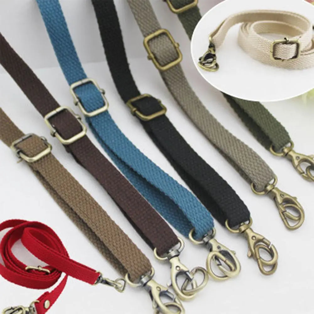 Various colored adjustable canvas shoulder straps for bags shown with a close-up of a beige strap