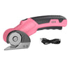 A pink and black cordless rotary scissors tool with a safety lock mechanism and attached power cord.