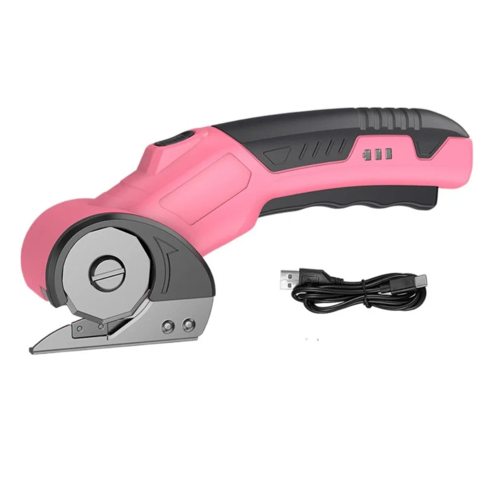 A pink and black cordless rotary scissors tool with a safety lock mechanism and attached power cord.