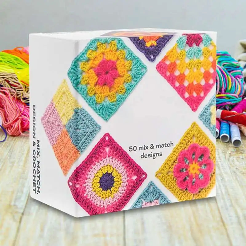 A box of 50 crochet square pattern cards featuring mix and match designs in various bright colors.