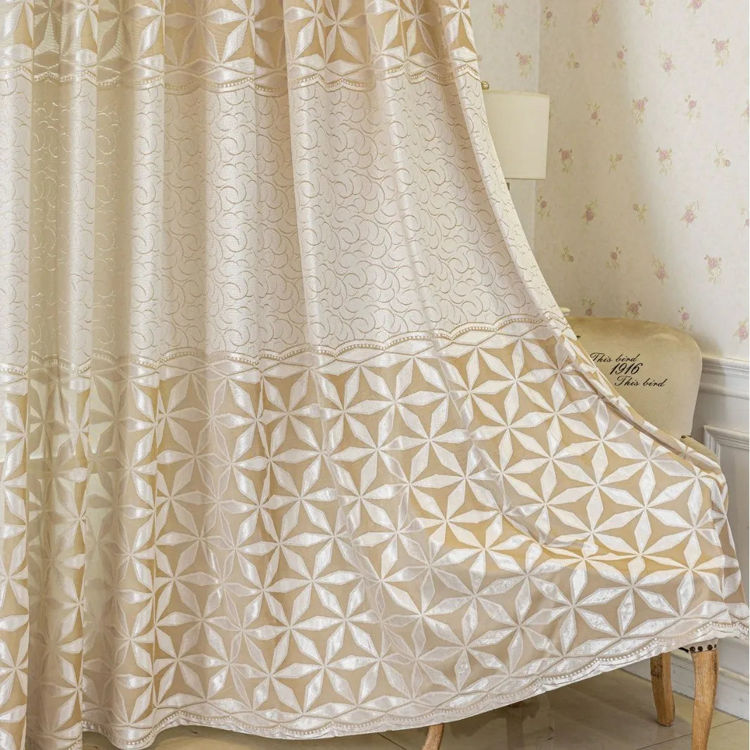 Olive Green Sheer Curtain with Geometric Floral Pattern