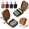 A set of brown and black PU leather protective cases for earbuds with anti-lost hooks and mesh inserts.
