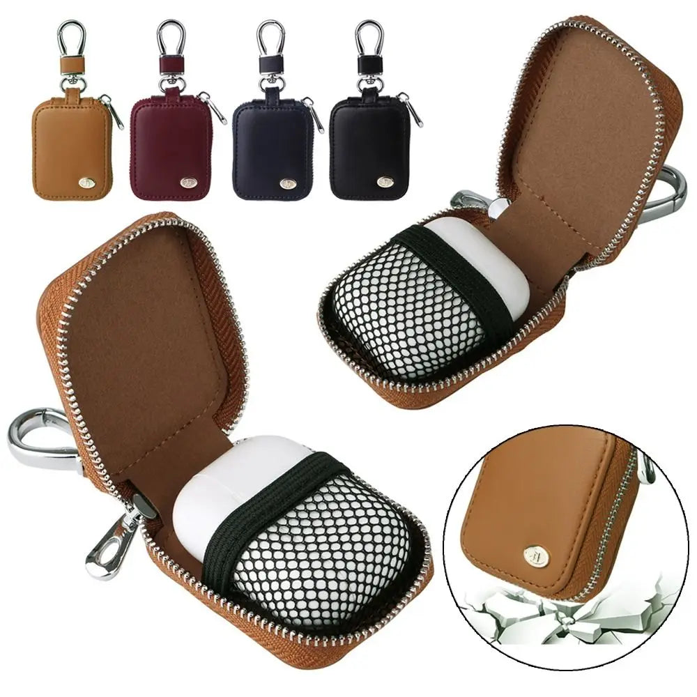A set of brown and black PU leather protective cases for earbuds with anti-lost hooks and mesh inserts.