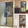 A modern glass screen door with vertical slats and a wooden frame, shown in an interior setting.