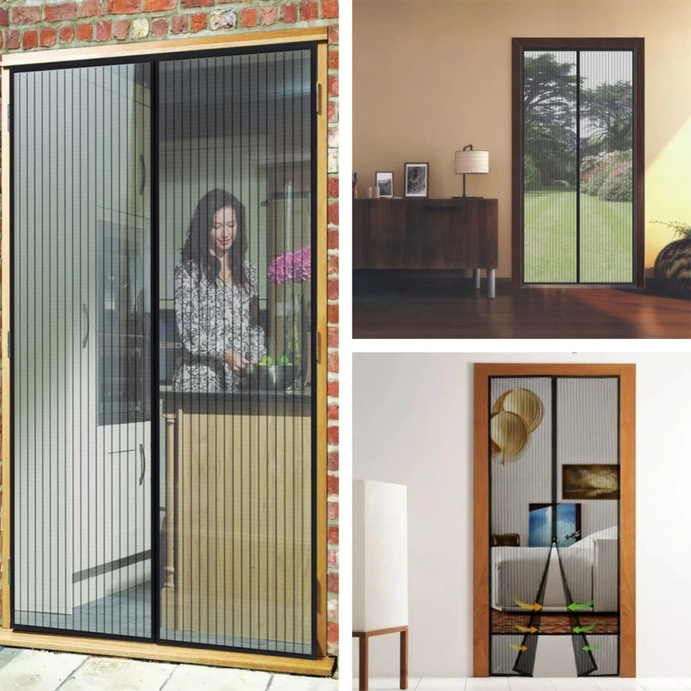 A modern glass screen door with vertical slats and a wooden frame, shown in an interior setting.