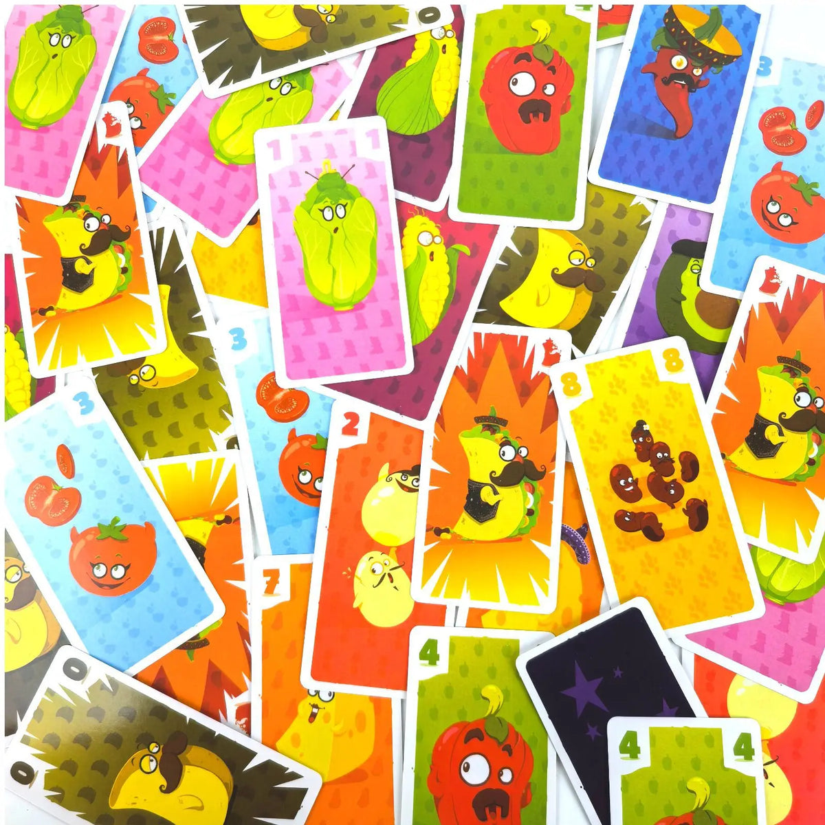 A collection of colorful cards featuring cartoonish peppers and other produce for a card game.
