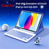 A blue iPad 10th Generation is shown with a matching case and detachable wireless Bluetooth keyboard on a light blue surface.