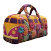 A purple and yellow quilted travel duffle bag featuring colorful floral embroidery and stitching.