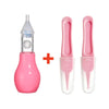 A pink gentle baby nasal aspirator device with a silicone tip and a clear plastic body.