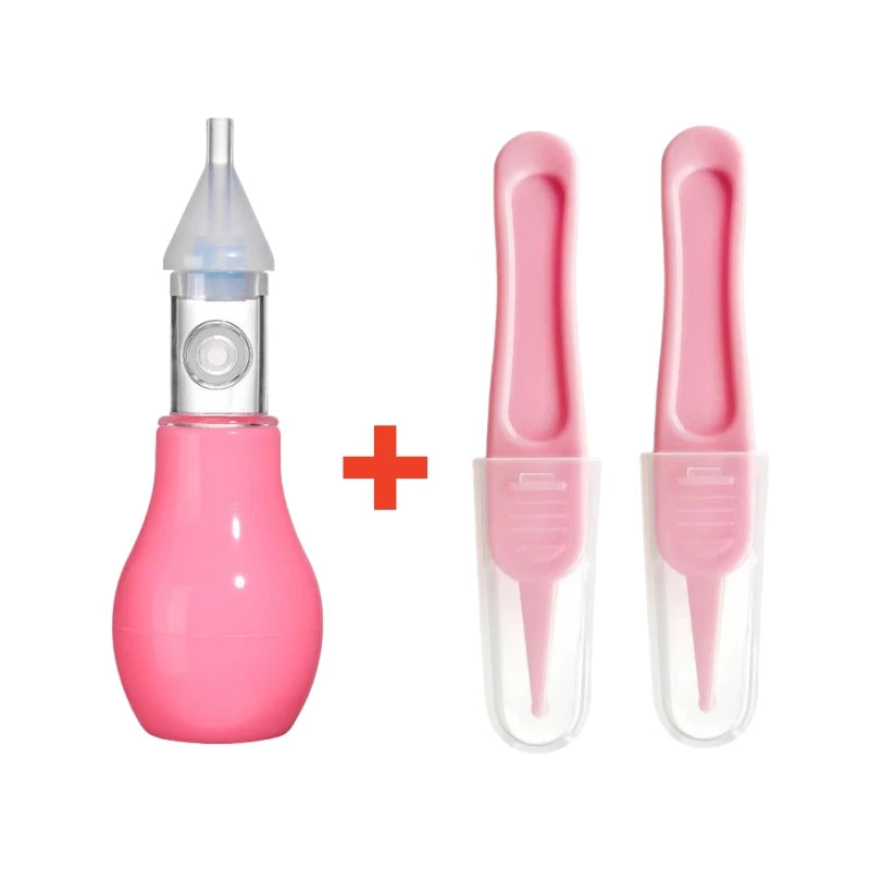 A pink gentle baby nasal aspirator device with a silicone tip and a clear plastic body.