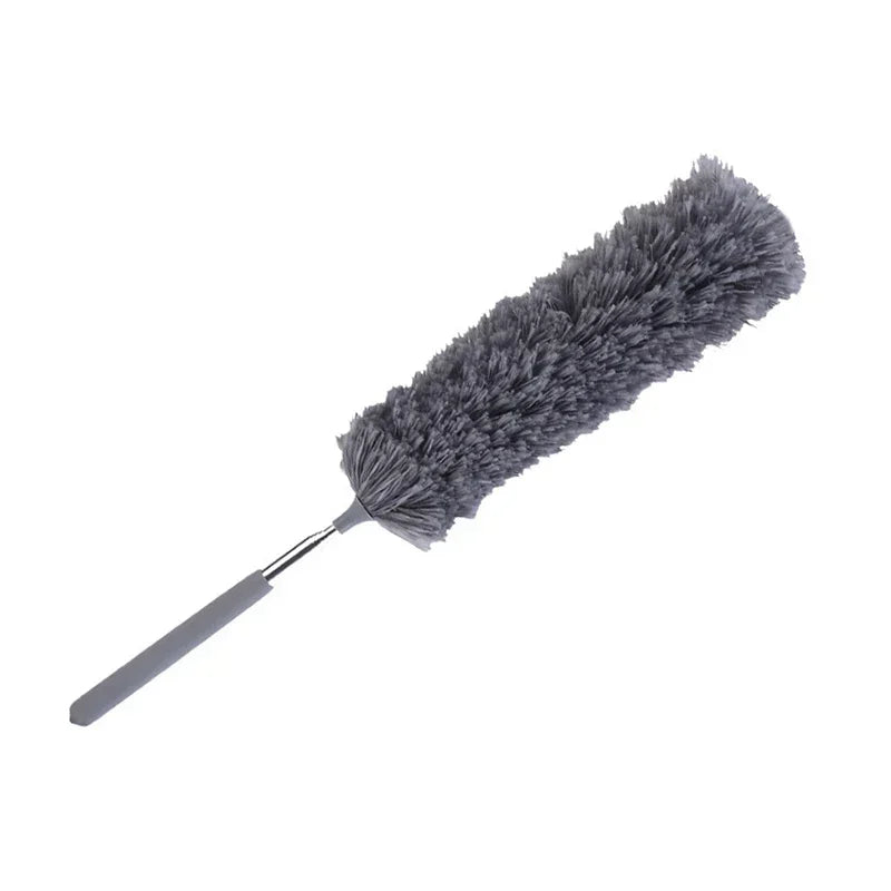 A grey telescopic microfiber duster with a flexible stainless steel handle.