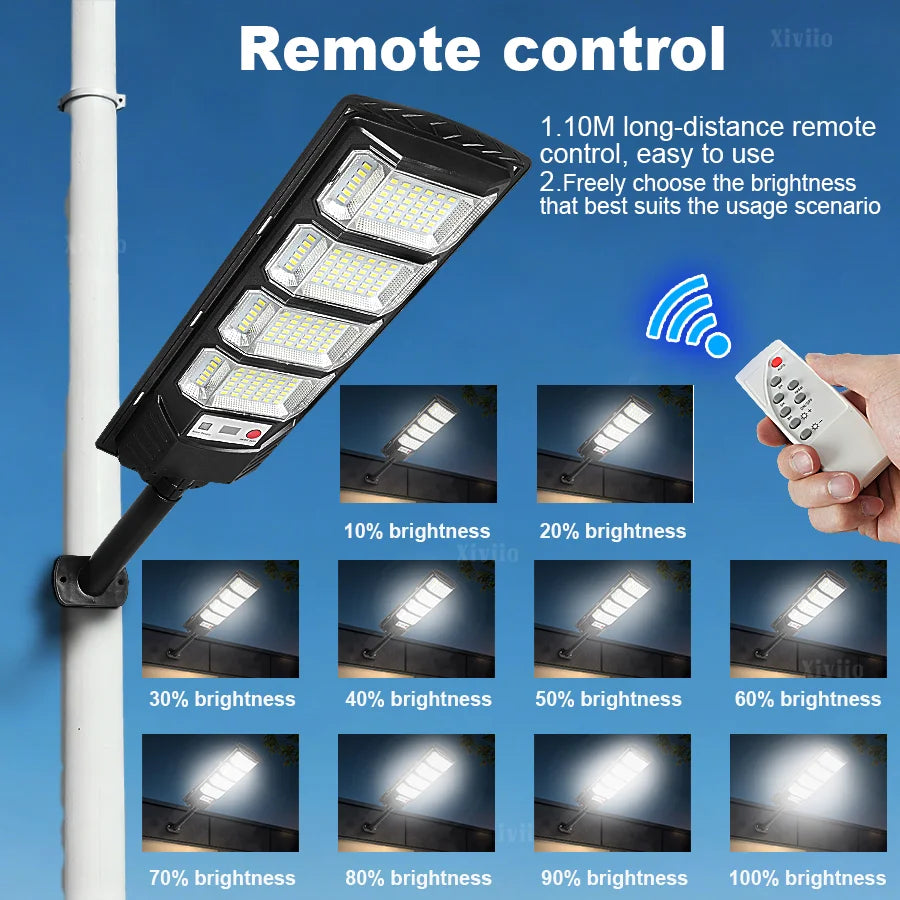 A black LED street light is mounted on a pole, demonstrating various brightness levels and remote control features.