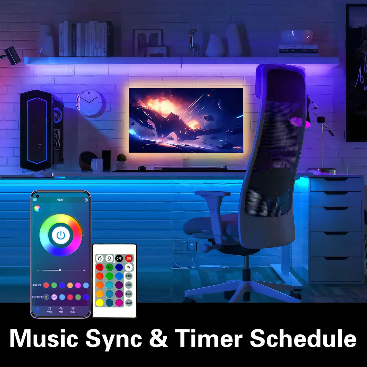 A setup showing a computer monitor, a smart RGB LED light strip, and a smartphone with an app interface for music sync and ti