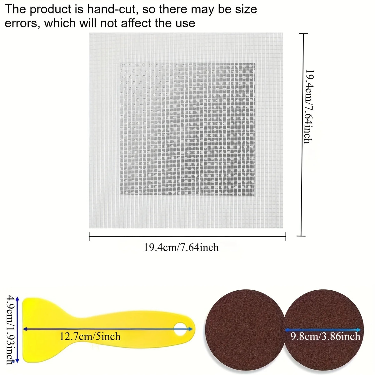A yellow spatula and two dark brown circular patches are shown for drywall repair.