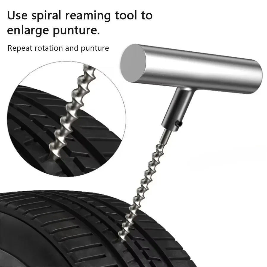 A silver tool is shown enlarging a puncture in a tire tread.